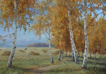 Birches with yellow carvings shine in the azure blue. Panov Aleksandr