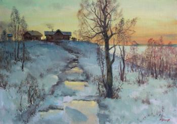 Winter morning in village on lake. Kremer Mark