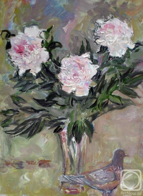 Sechko Xenia. Pink peonies and pigeon