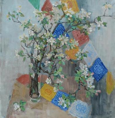 Apple tree branch and Buddhist flags. Maslennikova Maria