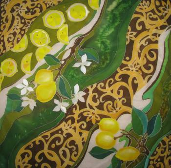 Batik Head Scarf "Lemons" (Brown Scarf). Zarechnova Yulia