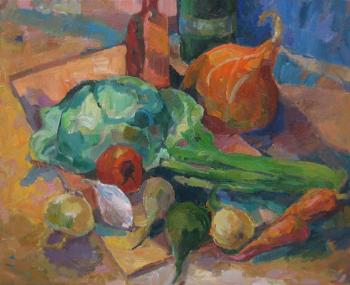 Still life with cabbage and pumpkin