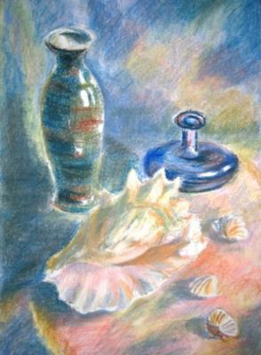 Still life with shells, vase and blue bottle