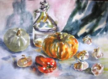 Still life with bottle and pumpkins. Safronova Nastassiya