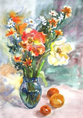 Bouquet with poppies in a blue vase