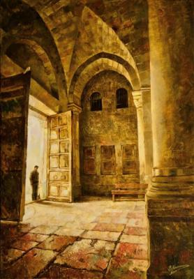 In front of the door. Church of the Holy Sepulchre