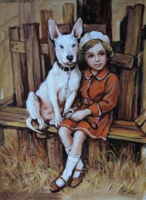 Girl and bull terrier. Simonova Olga