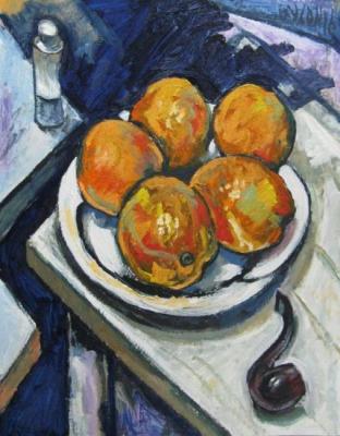 Still life with oranges and pipe