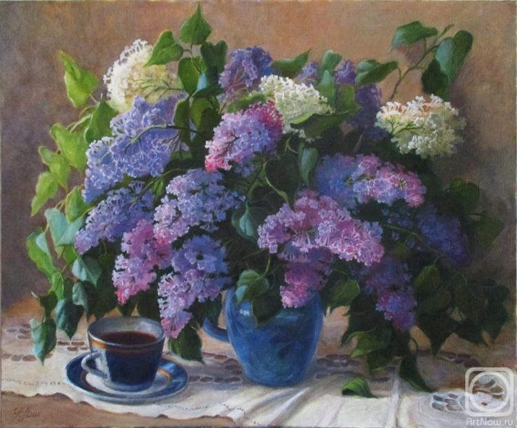 Shumakova Elena. Lilacs in a blue vase and a cup