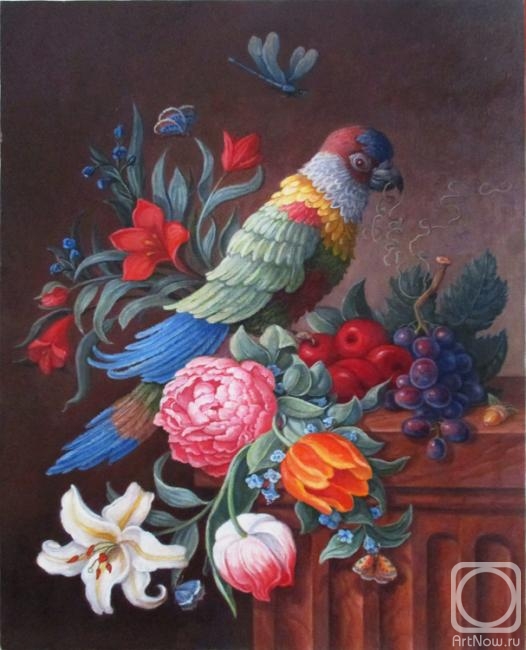 Shumakova Elena. Still life with bouquet and parrot