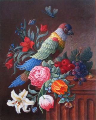 Still life with bouquet and parrot