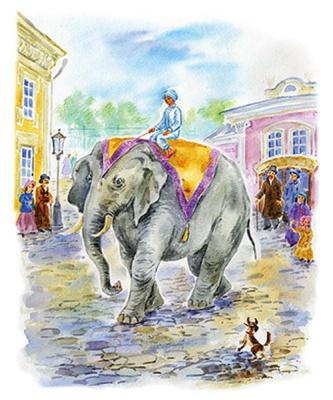 Illustration for the fable of I. Krylov "Elephant and Moska"