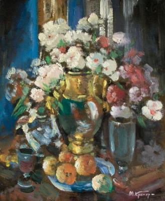 Still life with peony flowers in decanter