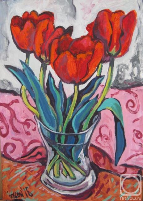 Ixygon Sergei. Tulips on pink napkin