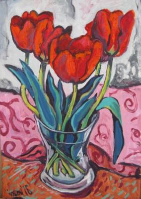 Tulips on pink napkin. Ixygon Sergei