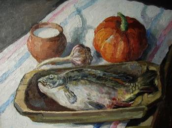 Still life with fish and pumpkin. Yaguzhinskaya Anna