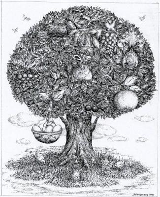 A tree full of birds and fruits