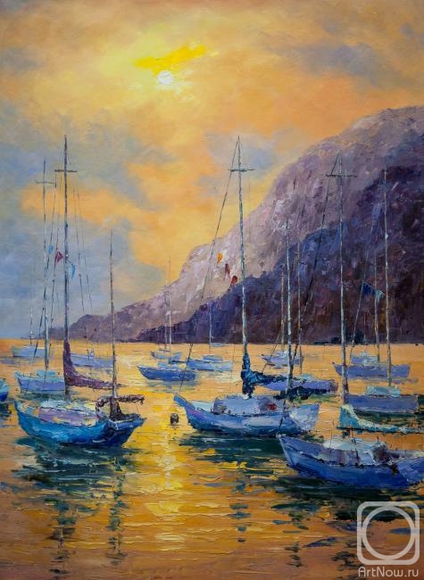 Vevers Christina. Sailboats at the rocks at sunset