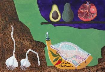 Still life with fruit and garlic