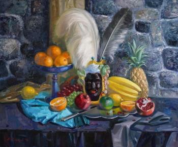 Still life with a Sicilian vase and ostrich feathers