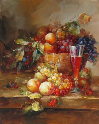 Fruit, basket and glass of wine. Vinogradov Vladimir