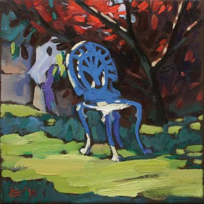 White chair in the shadow of red bush. 2016