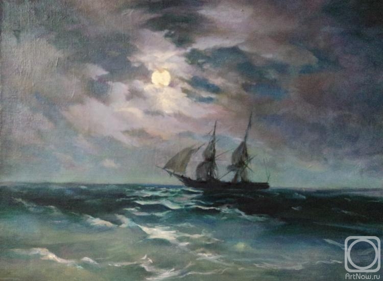 Burmistrova Olga. Copy from the reproduction "Brig "Mercury" on the Moonlit Night" by Aivazovsky I.K