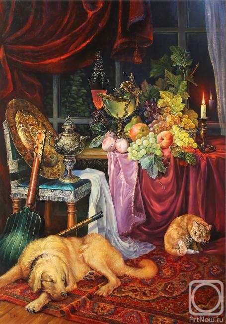Terpilovskaya Elena. Animal still life with Antiques and candles "From a past life"