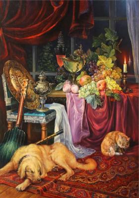 Animal still life with Antiques and candles "From a past life" (Naght At The Window). Terpilovskaya Elena