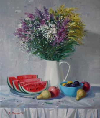 Blue bowl and summer bouquet