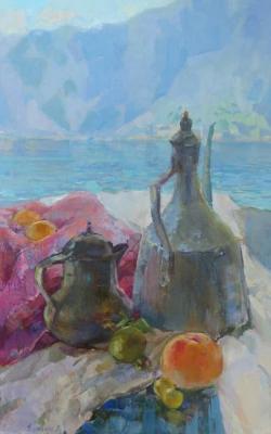 Still life against the backdrop of mountains