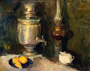 Still-life with a samovar and a kerosene lamp. Lezhnikov Yury