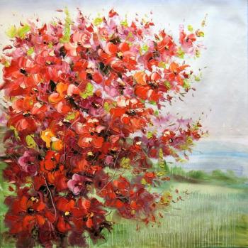 Red flowers on the background of the sea. Vevers Christina