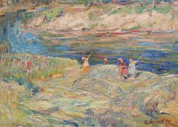 Haymaking on the river Kotorosl socialist Realism. Lezhnikov Yury