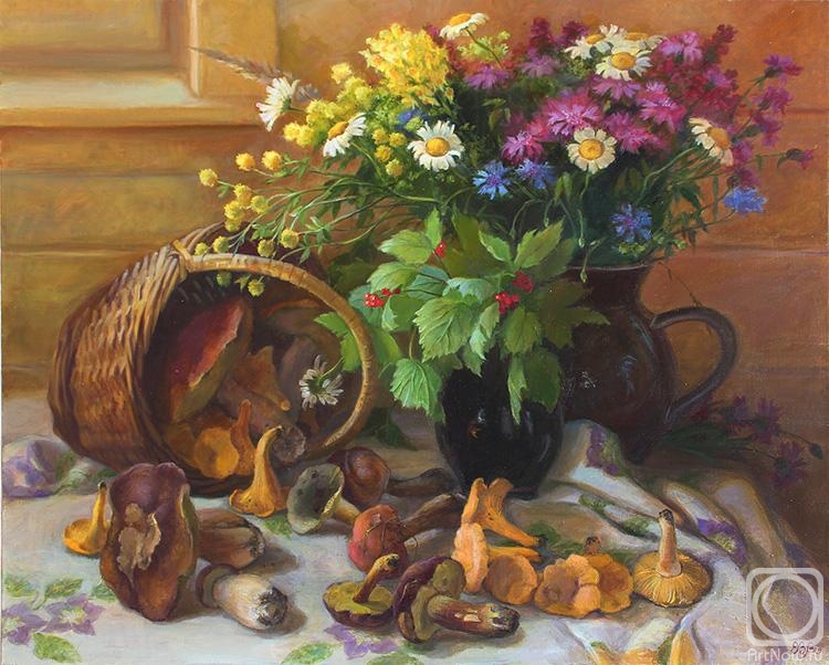 Shumakova Elena. Bouquet and basket with mushrooms