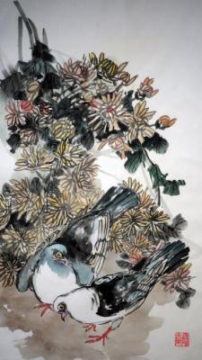 Pigeons and chrysanthemums. Mishukov Nikolay