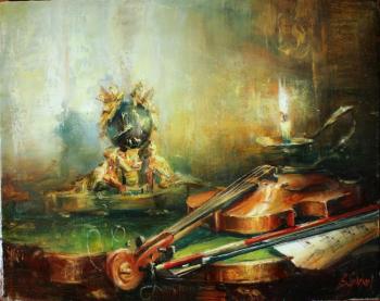 Still life with violin and bronze clock
