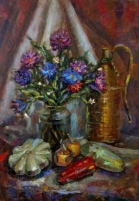 Still life with flowers and vegetables