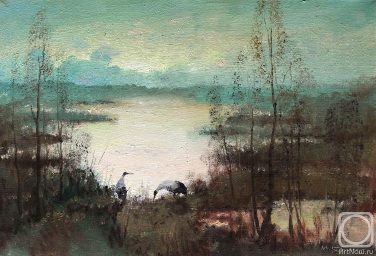 Kremer Mark. Cranes on the pond, morning
