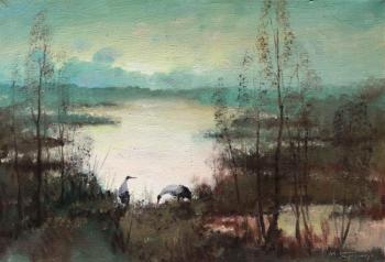 Cranes on the pond, morning. Kremer Mark