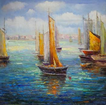Sailboat on the background of the city. Vevers Christina