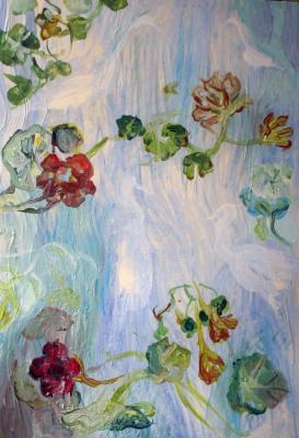 Nasturtium and herons in the fog. Sechko Xenia