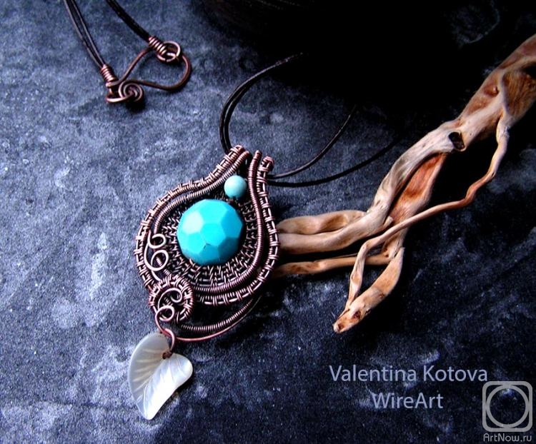 Kotova Valentina. Copper pendant with turquoise and mother-of-pearl