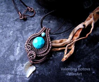 Kotova Valentina Jakovlevna. Copper pendant with turquoise and mother-of-pearl