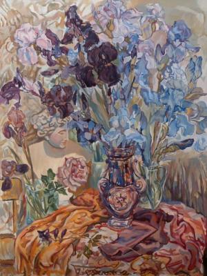 Irises in Blue Vase. Grishchenko Varvara