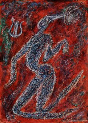 Blue nude with a lyre (Nude Green On A Red Background). Volchek Lika