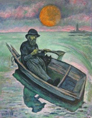 Old man with dog in boat. Ixygon Sergei