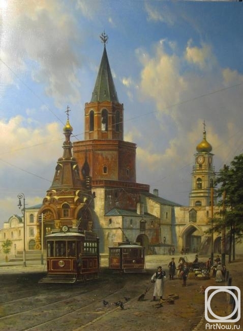Akulov Oleg. Kazan, tram on the Ivanovo area on the background of Spasskaya tower with a chapel and the entrance of the castle