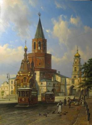 Kazan, tram on the Ivanovo area on the background of Spasskaya tower with a chapel and the entrance of the castle