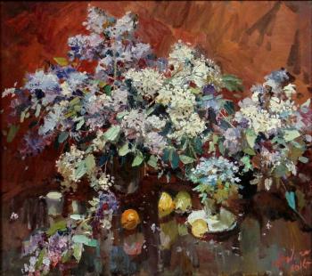 Lilacs on a red background (Flowers On A Light Background). Lukash Anatoliy